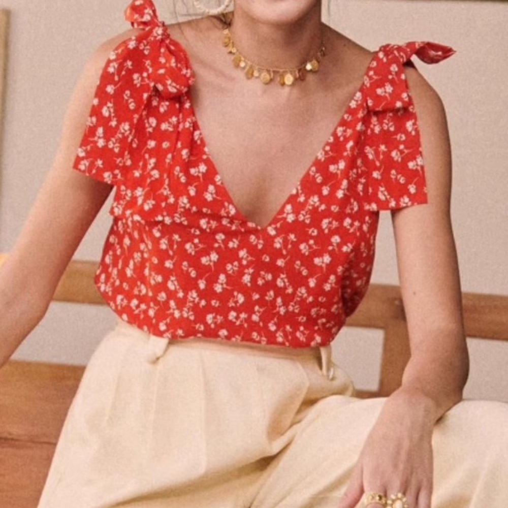 Sezane Lara Red Mini Flowers Floral Tie-Shoulder Blouse size 38/6 EUC - Picture 9 of 11